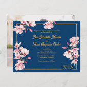 Gold Arch Navy Magnolia Floral Wedding Invitation Postkarte (Vorne/Hinten)