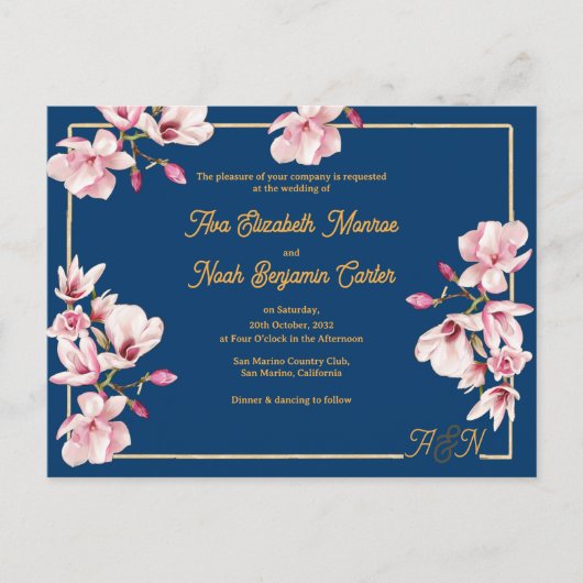 Gold Arch Navy Magnolia Floral Wedding Invitation Postkarte (Vorderseite)