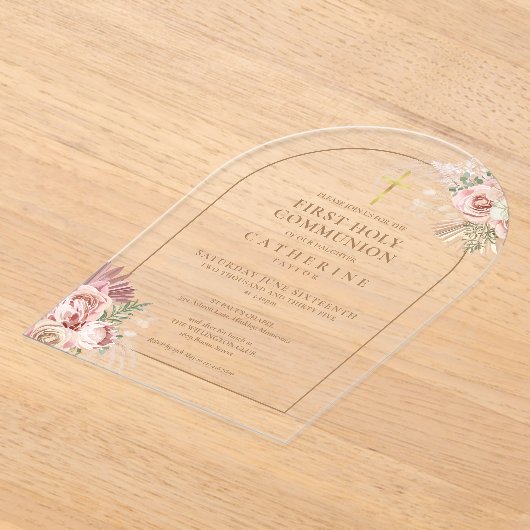 Gold Arch Pampas Grass Floral Erste Heilige Kommun Acryleinladungen (Ablage )