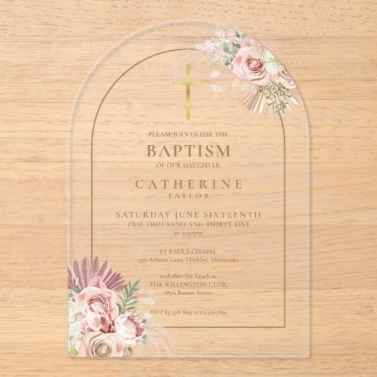 Gold Arch Pampas Grass Floral Girl Taufe Acryleinladungen (Vorderseite)