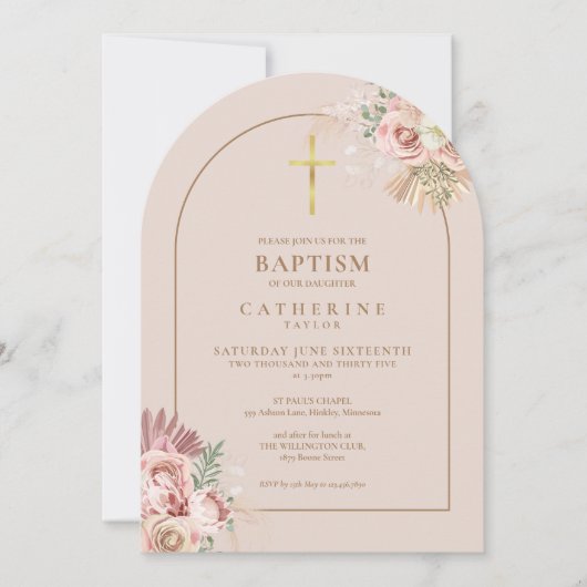 Gold Arch Pampas Grass Floral Girl Taufe Einladung (Vorderseite)