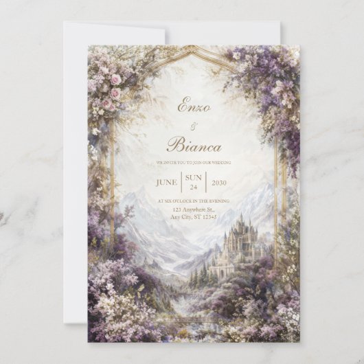 Gold Arch Pink and Purple Floral Castle Wedding Einladung (Vorderseite)