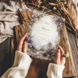 Gold Arch Pink and Purple Floral Castle Wedding Einladung