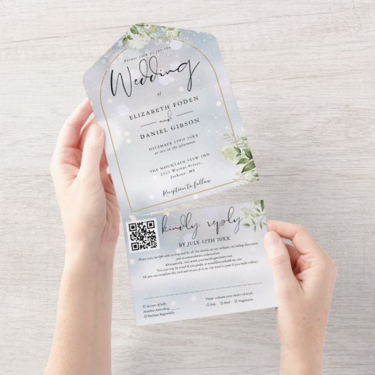 Gold Arch QR Code Grüne Winterhochzeit All In One Einladung (Abreißen)