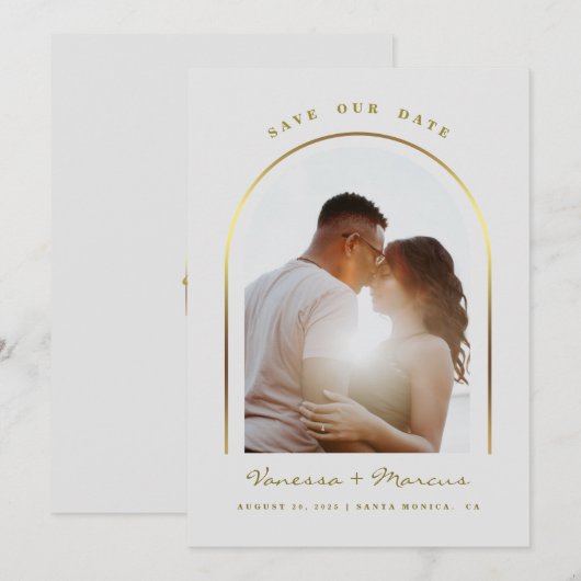 Gold Arched Frame Wedding Foto Save the Date (Vorne/Hinten)