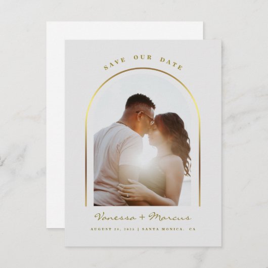 Gold Arched Frame Wedding Foto Save the Date Ankündigungspostkarte (Vorne/Hinten)