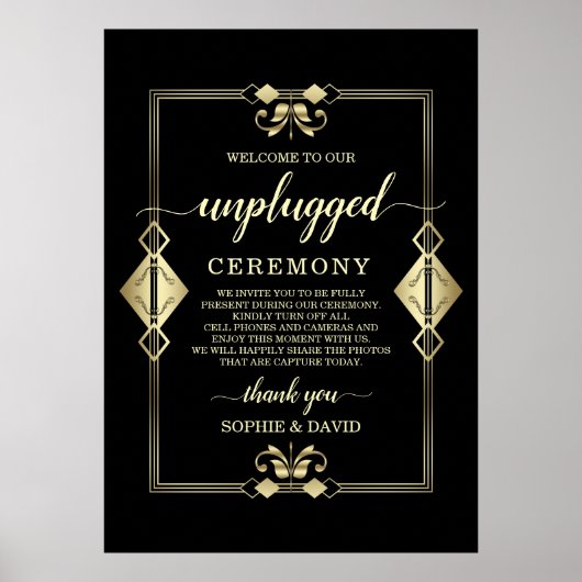Gold Art Deco 20s Unplugged Wedding Zeremony Sign Poster (Vorne)