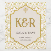 Gold Art Deco Floral Lotus Wedding Monogram Weinetikett (Einzelnes Label)