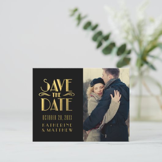 Gold Art Deco | Foto Save the Date Postkarte (Stehend Vorderseite)