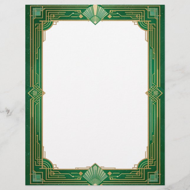 Gold Art Deco Frame auf Grün Briefbogen (Vorderseite)