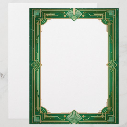 Gold Art Deco Frame auf Grün Briefbogen (Vorne/Hinten)