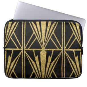 Gold Art Deco Geometrisches Fächer-Muster Schwarz Laptopschutzhülle
