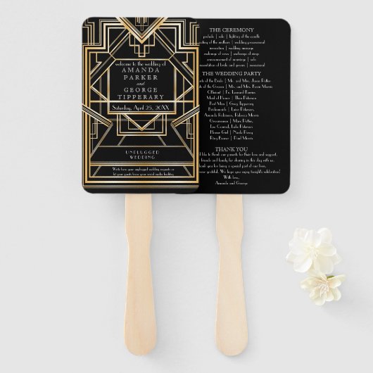Gold Art Deco Hochzeitsprogramm Fächer (Vorne und Hinten)