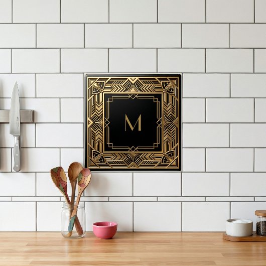 Gold Art Deco Monogram Black Personalized Luxury Fliese