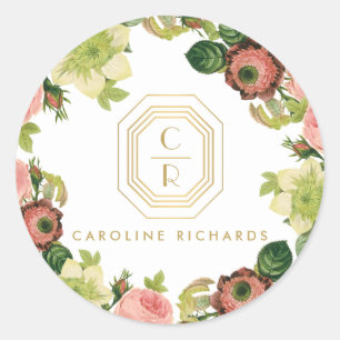 Gold Art Deco Monogram mit Vintagen Florals Runder Aufkleber