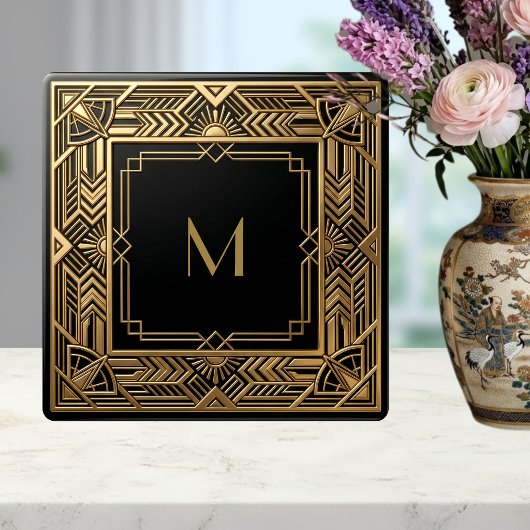 Gold Art Deco Monogramm Schwarz Personalisiert Lux Fliese