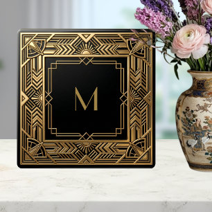 Gold Art Deco Monogramm Schwarz Personalisierter L Fliese