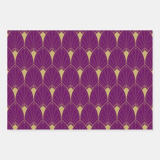 Gold Art Deco Muster auf Rot Schwarz und Lila Geschenkpapier Set (Vorderseite)