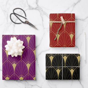 Gold Art Deco Muster auf Rot Schwarz und Lila Geschenkpapier Set