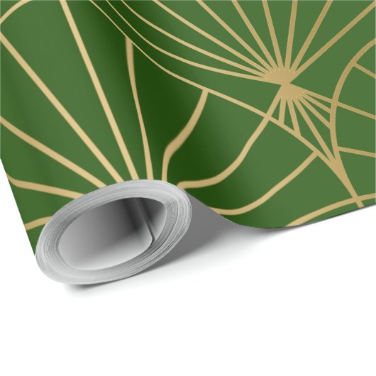 Gold art-deco pattern on green wrapping paper geschenkpapier (Rolleneckpunkt)