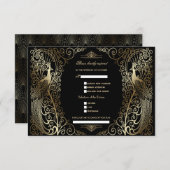 Gold Art Deco Peacocks Song Anfrage Hochzeit RSVP Karte (Vorne/Hinten)
