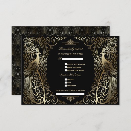 Gold Art Deco Peacocks Song Anfrage Hochzeit RSVP Karte (Vorne/Hinten)