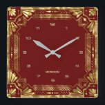 Gold Art Deco Rahmen in dunkelrot Quadratische Wanduhr<br><div class="desc">Gold Farben Art Deco Rahmen,  geometrischer Stil auf einem dunkelroten Hintergrund. Anpassbare Monogramm.</div>