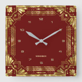 Gold Art Deco Rahmen in dunkelrot Quadratische Wanduhr (Vorderseite)
