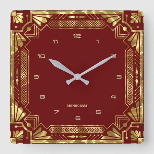 Gold Art Deco Rahmen in dunkelrot Quadratische Wanduhr (Vorderseite)