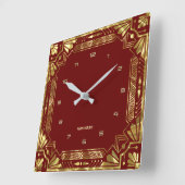 Gold Art Deco Rahmen in dunkelrot Quadratische Wanduhr (Winkel)