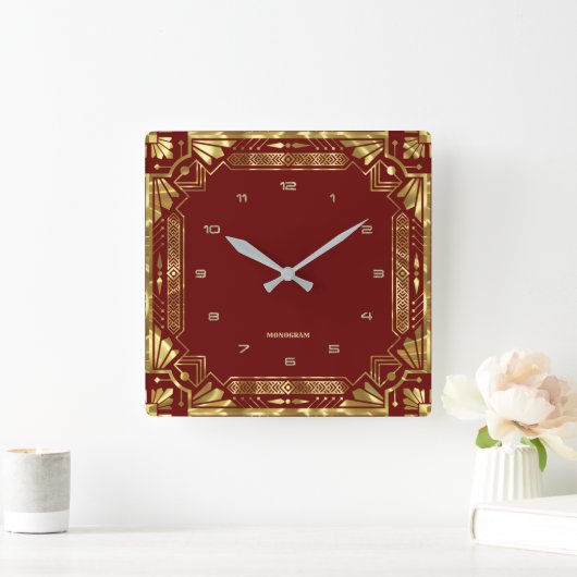 Gold Art Deco Rahmen in dunkelrot Quadratische Wanduhr (Zuhause)