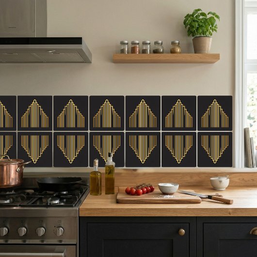 Gold Art Deco Skyscraper Silhouette Black Tile Fliese