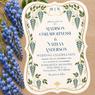 Gold Art Nouveau Blaue Wisteria-Hochzeit Einladung