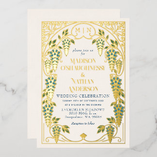 Gold Art Nouveau Blaue Wisteria-Hochzeit Folieneinladung