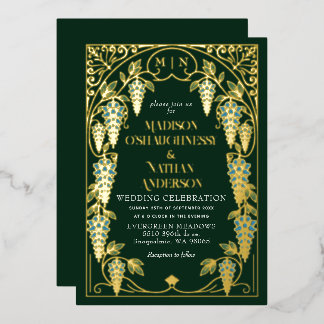 Gold Art Nouveau Blaue Wisteria-Hochzeit Folieneinladung
