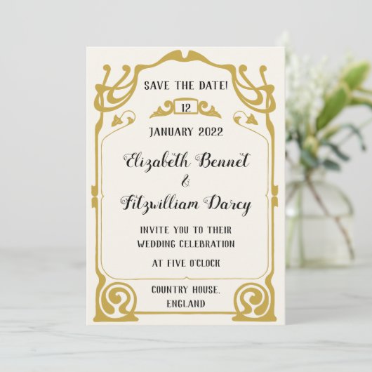 Gold Art Nouveau Moderne Art Hochzeit Einladung (Stehend Vorderseite)