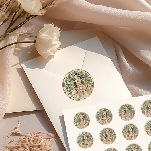 Gold Art Nouveau Mucha Sarah Bernhardt Champagne Runder Aufkleber