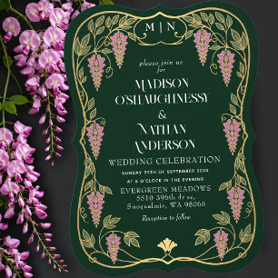 Gold Art Nouveau Pinke Wisteria-Hochzeit Einladung