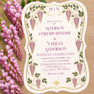 Gold Art Nouveau Pinke Wisteria Hochzeit Einladung