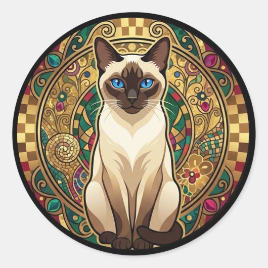 Gold Art Nouveau Siamese Cat Runder Aufkleber (Vorderseite)