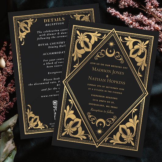Gold Art Nouveau Tarot Gothic QR Code Hochzeit Einladung