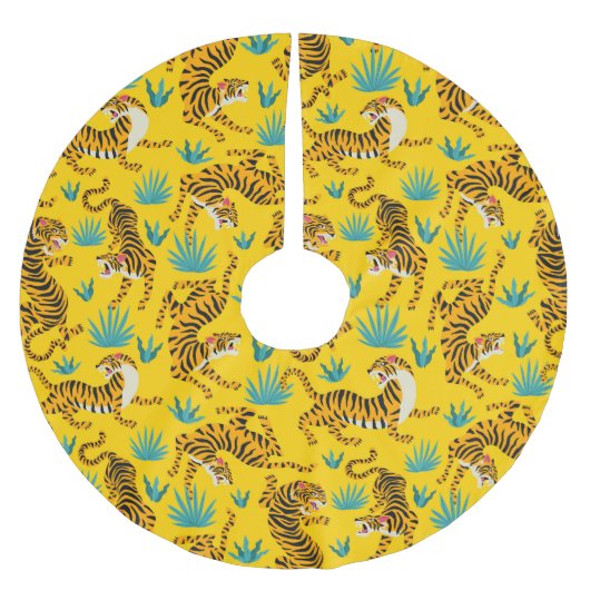 Gold Asian Tiger Pattern Polyester Weihnachtsbaumdecke (Vorderseite)