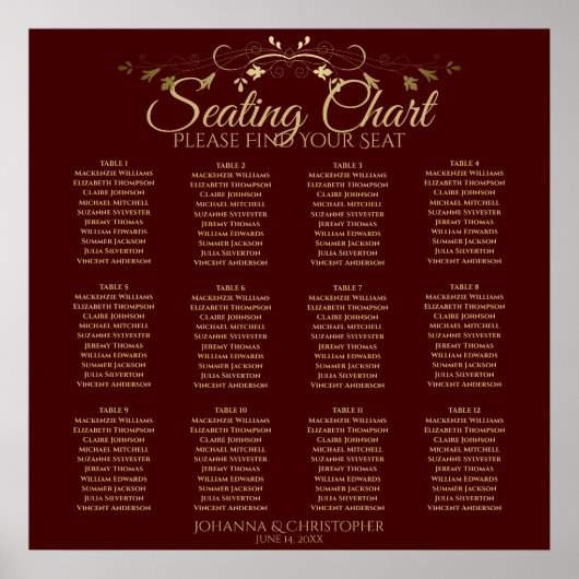 Gold & Auburn Brown 12 Table Wedding Chart Poster (Vorne)