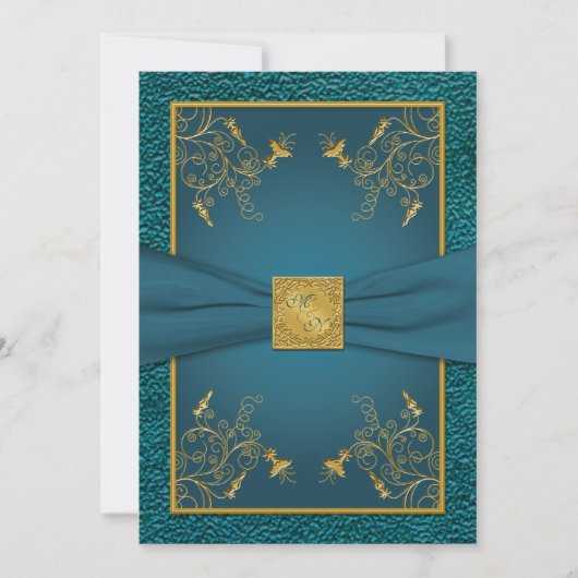 Gold auf Aquamariner Mit Monogramm Einladung (Vorderseite)