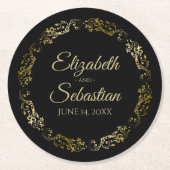 Gold auf Black Elegante Lacy Filigree Hochzeit Runder Pappuntersetzer (Vorderseite)