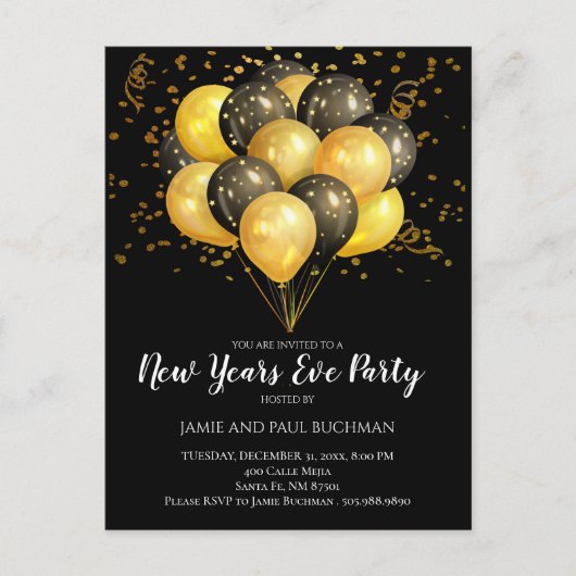 Gold auf Black Silvester Balloons Party Postkarte (Vorderseite)