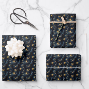Gold auf Blau und Schwarz wirbeln Geschenkpapier Set