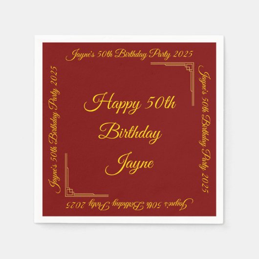 Gold auf Deep Red Birthday Party Serviette (Vorderseite)