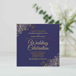 Gold auf einfache Hochzeit auf dem eleganten Navy- Einladung