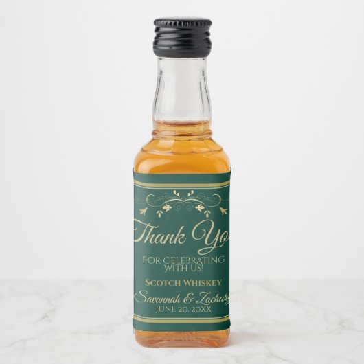 Gold auf Emerald Green Wedding Danke Mini Alkoholflaschenetikett (Vorderseite)